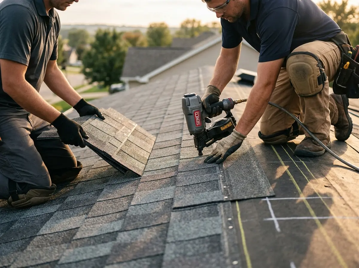 Professional roofer working on a residential roof in Fernandina Beach